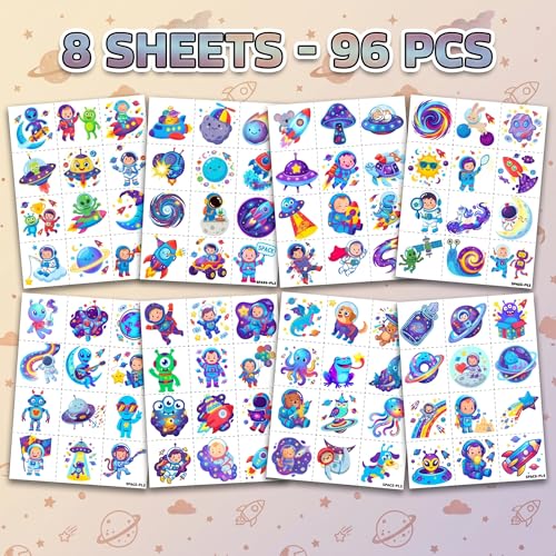 96 PCS Space Alien Temporary Tattoos for Kids - 8 Sheets