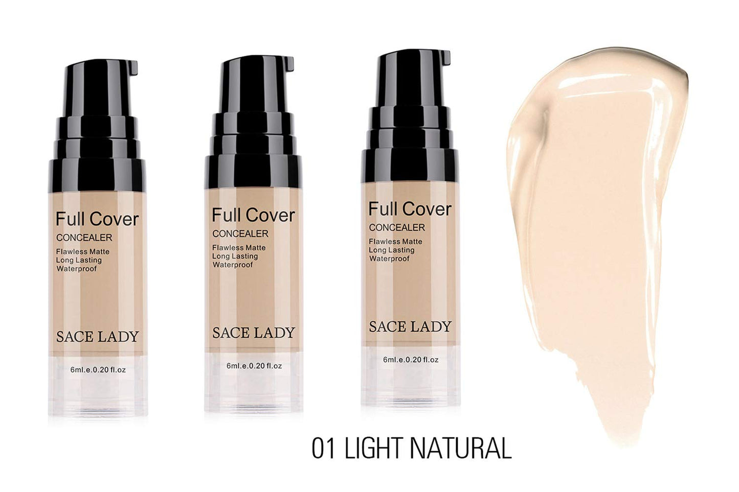 3 Pack Pro Full Cover Liquid Concealer, Waterproof Smooth Matte Flawless Finish Creamy Concealer Foundation for Eye Dark Circles Spot Face Concealer Makeup, Size: 3×6ml/0.20Fl Oz, Light Natural