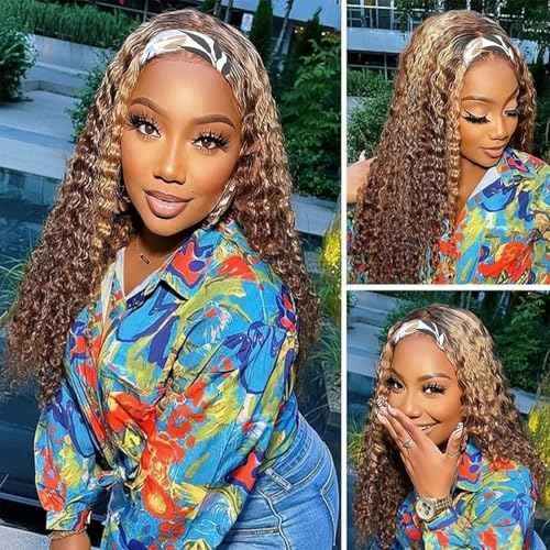 Ombre Highlight Curly Headband Wig Human Hair #4/27 Colored Headband Wig for Black Women Glueless Water Wave Human Hair Brazilian Virgin Hair Wear and Go Wigs 18 Inch