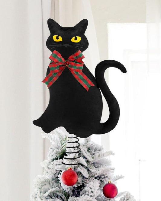 Black Cats Christmas Tree Topper with Stand and Changeable Bows Halloween Xmas Tree Ornament Winter Holidays Home Decorations Cat Lovers Gift Ideas