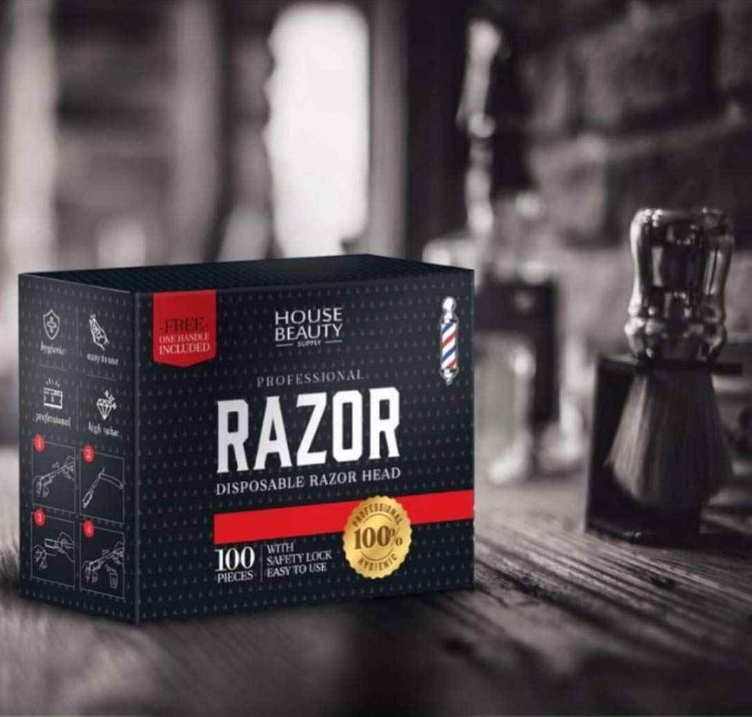 HBS Disposable Razor Heads, With Safety-Lock For Professional Barber Use 100 Count, Each Box Include 1 Multi-Use Straight Razor Handle.