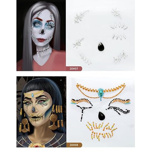 The Ghost Bride Skeleton Face Gems Jewels Halloween Temporary Face Tattoos Rhinestone Day of the Dead, Crystals Catrina Face Gems Stick on Halloween Prank Makeup Costume 2-Pack
