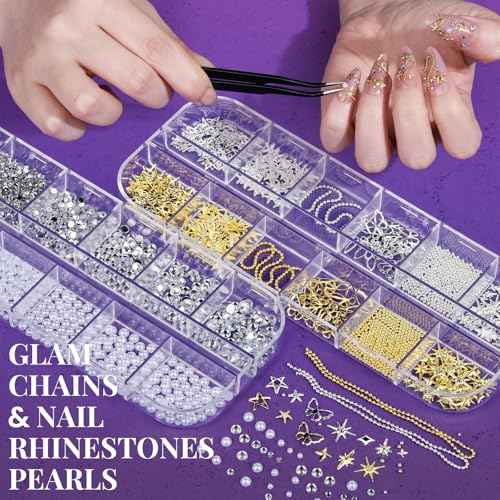 FANDAMEI Nail Art Brushes, Nail Art Kit with 15 Pcs Nail Art Brush, 5 Pcs Dotting Tools, 6 Box Nail Charms and Gems, 10 Sheet Flower Nail Stickers, Complete Nail Decoration Art with Nail Art Brushes