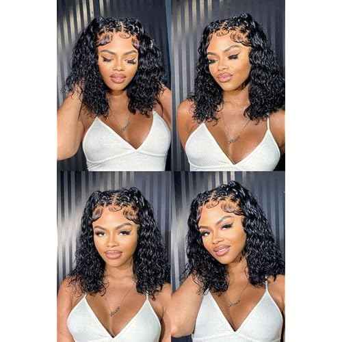 Deep Wave Bob Wig Human Hair 14 Inch 13x4 Lace Front Bob Wigs Human Hair Pre Plucked 180 Density HD Transparent Lace Front Human Hair Wigs for Black Women Natural Black