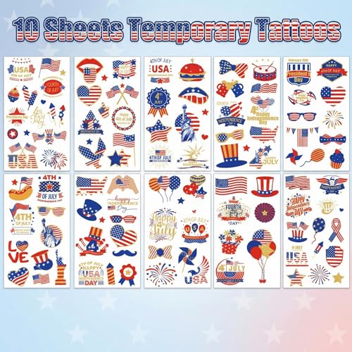 4th of July Temporary Tattoos Waterproof 10 Sheets
