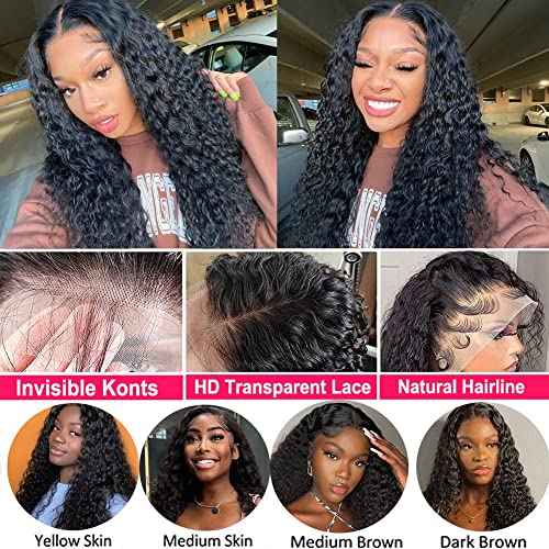 JIETAI 13X4 HD Curly Lace Front Wigs Human Hair Pre Plucked with Baby Hair 180% Density Brazilian Curly Wave Human Hair Wigs for Black Women 9A Glueless Lace frontal Wigs Natural Color (20 Inch)