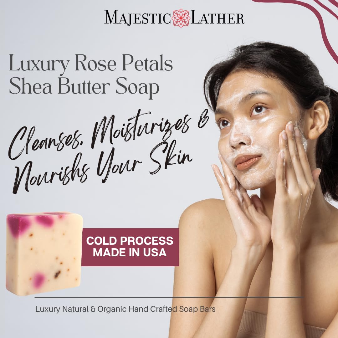 Majestic Lather Rose Petals Luxury Bar Soap for Face & Body. Moisturize, Nourish and Cleanse. For All Skin Types. Made in the USA. 5.0 Oz.