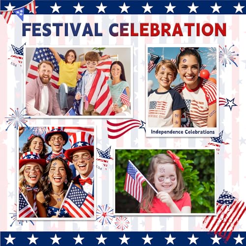 Glitter 4th of July Face Tattoos - Red White Blue Party Favors (18 Sheets)