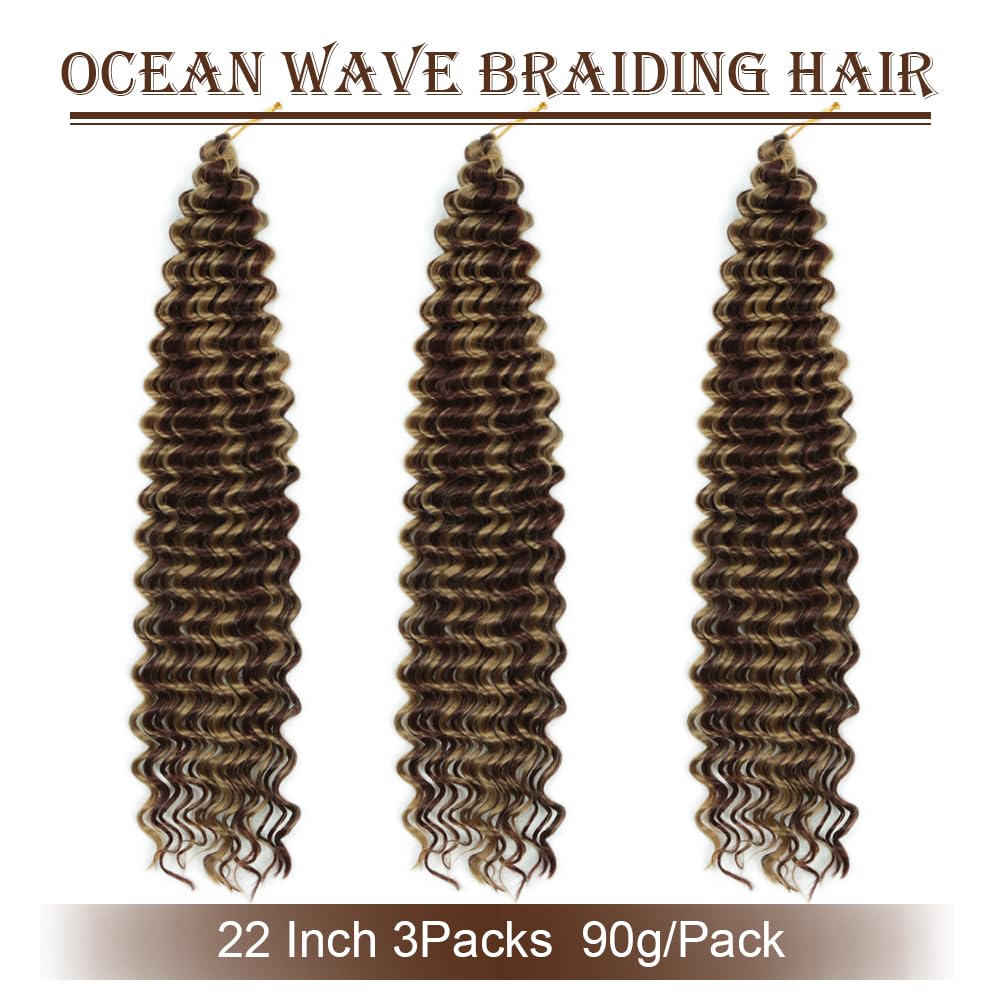 Deep Wave Curly Crochet Hair 22 Inch 3 Packs Curly Braiding Hair Extensions Ocean Wave Crochet Hair for Black Women Long Deep Wave Braiding Hair for Boho Box Braids (P27/33, 22Inch 3Pack)