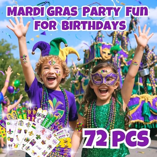 72-Piece Mardi Gras Party Favors - Tattoos & Slap Bracelets