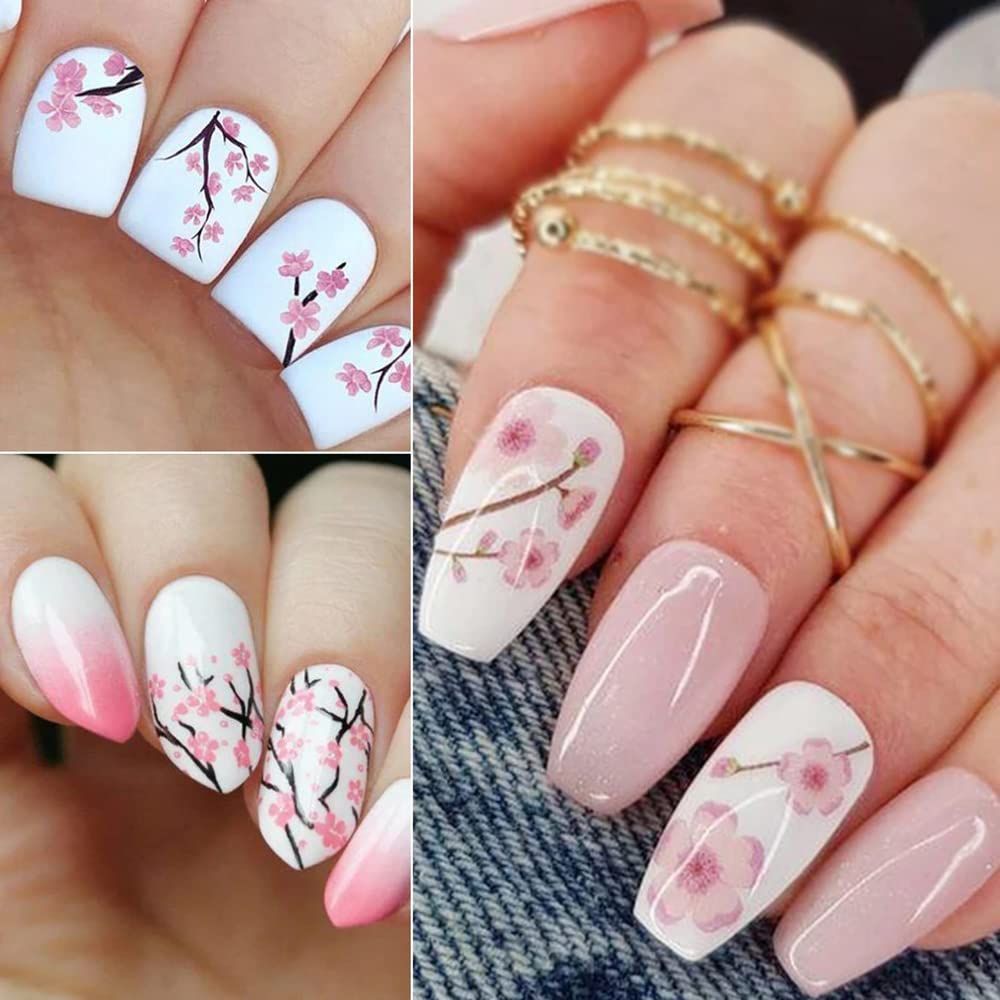 Flowers Nail Stickers, Spring Nail Decals 3D Self-Adhesive Cherry Blossom Floral Pink Spring Nail Design Manicure DIY Nail Art Decoration for Women Girls (8Sheets)