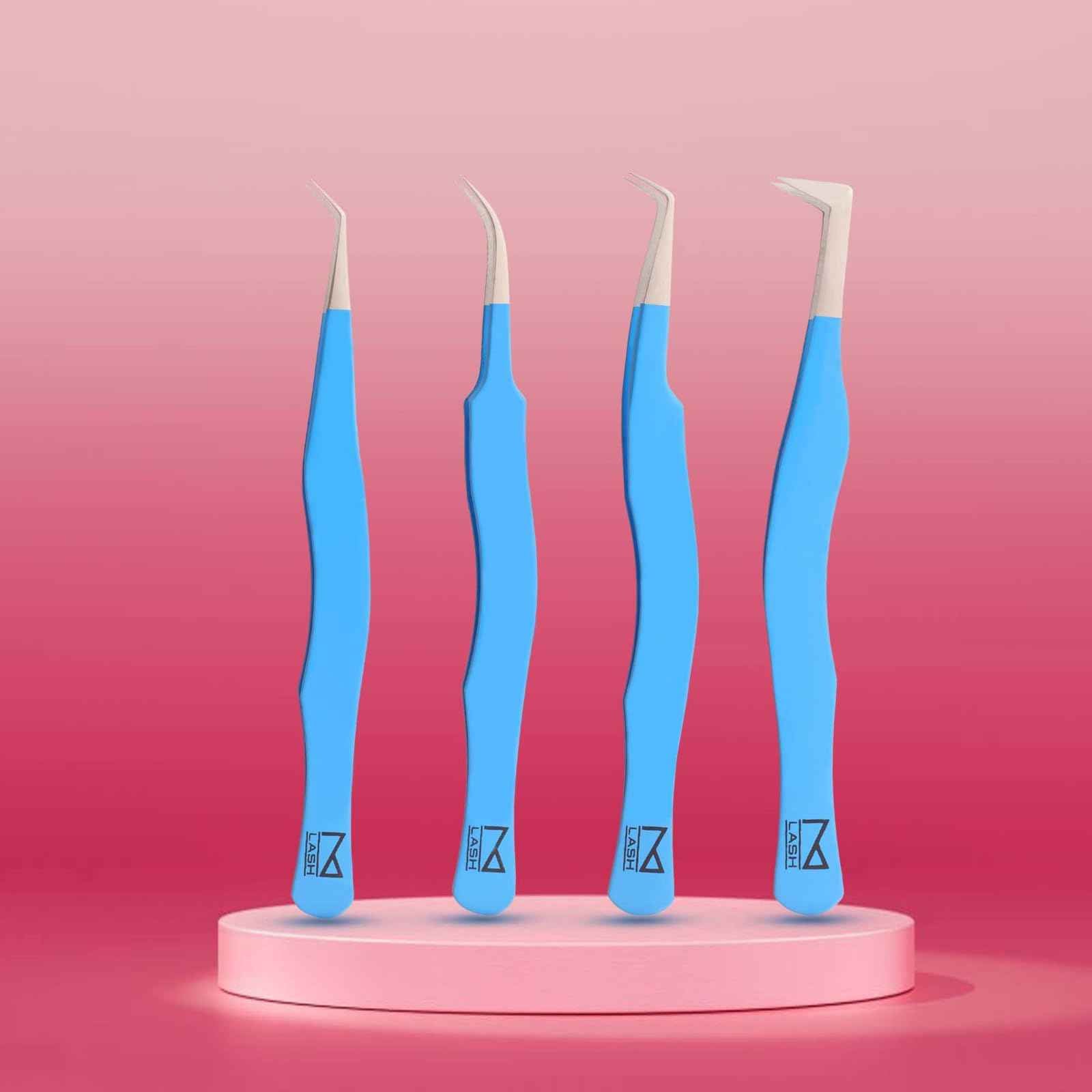 M LASH Eyelash Tweezers for Eyelash Extensions (Set of 4) - Professional Lash Extension Tweezers - Fiber Tip Lash Tweezers, Japanese Steel, Diamond Grip For Flawless Application (Teal)