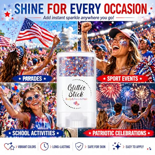 Red White Blue Glitter Stick - Waterproof 4th of July Face Makeup