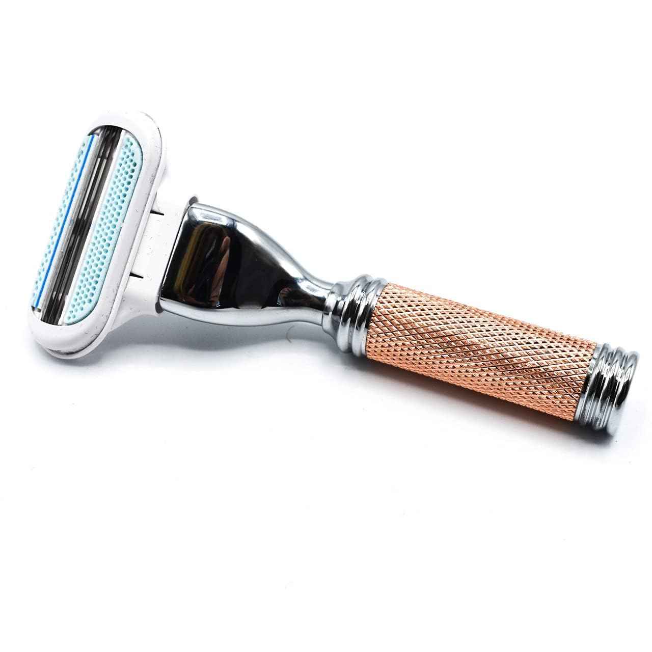 Parker Women’s Travel Razor – Compatible with Gillette® Venus® Cartridges – Compact 3‑Blade Razor with Rose‑Gold Chrome Brass Handle & Buffalo Leather Travel Case
