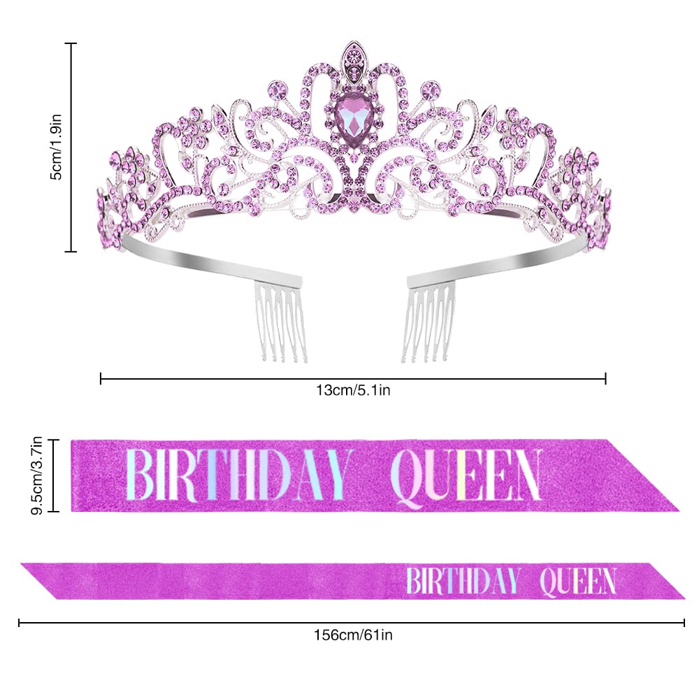 Birthday Crown for Girls - Purple Tiara Sash Rhinestone Crystal Headband Princess Queen Decorations Accessories