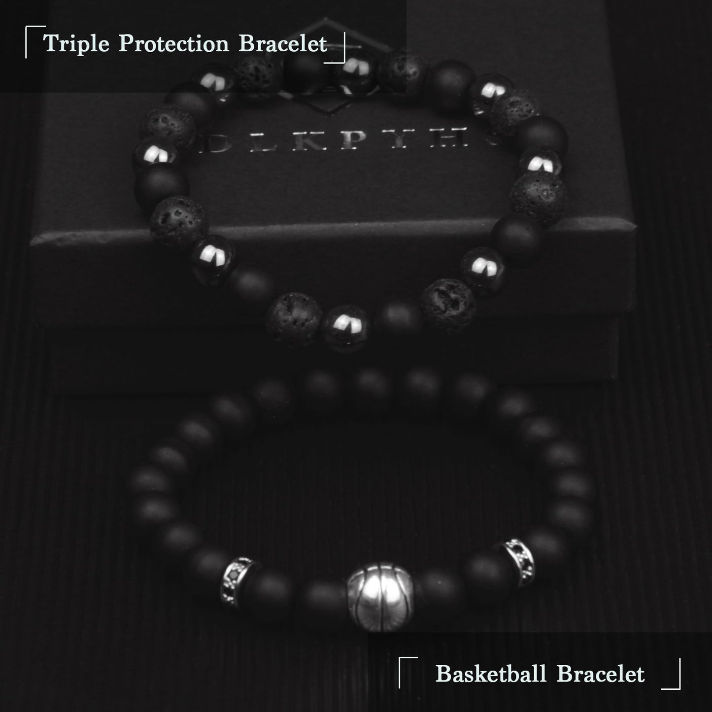 Black Obsidian Bracelet for Men - Basketball Bracelet - Tourmaline Beaded Bracelets - 8MM Black Onyx Hematite Lava Stone Beads Triple Protection Bracelet Gifts for Boys