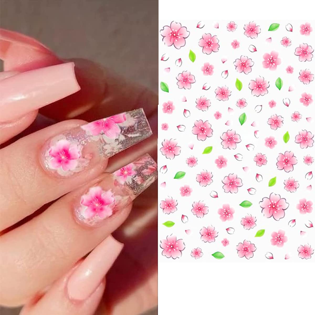 8 Sheets Rose Nail Stickers 3D Flower Decals for Nail Art,Pink Cherry Leaf Small Daisy Retro Flowers Leaf Self-Adhesive Nail Designs Sticker Fashion Simple Floral DIY Manicure Decoration Supplies