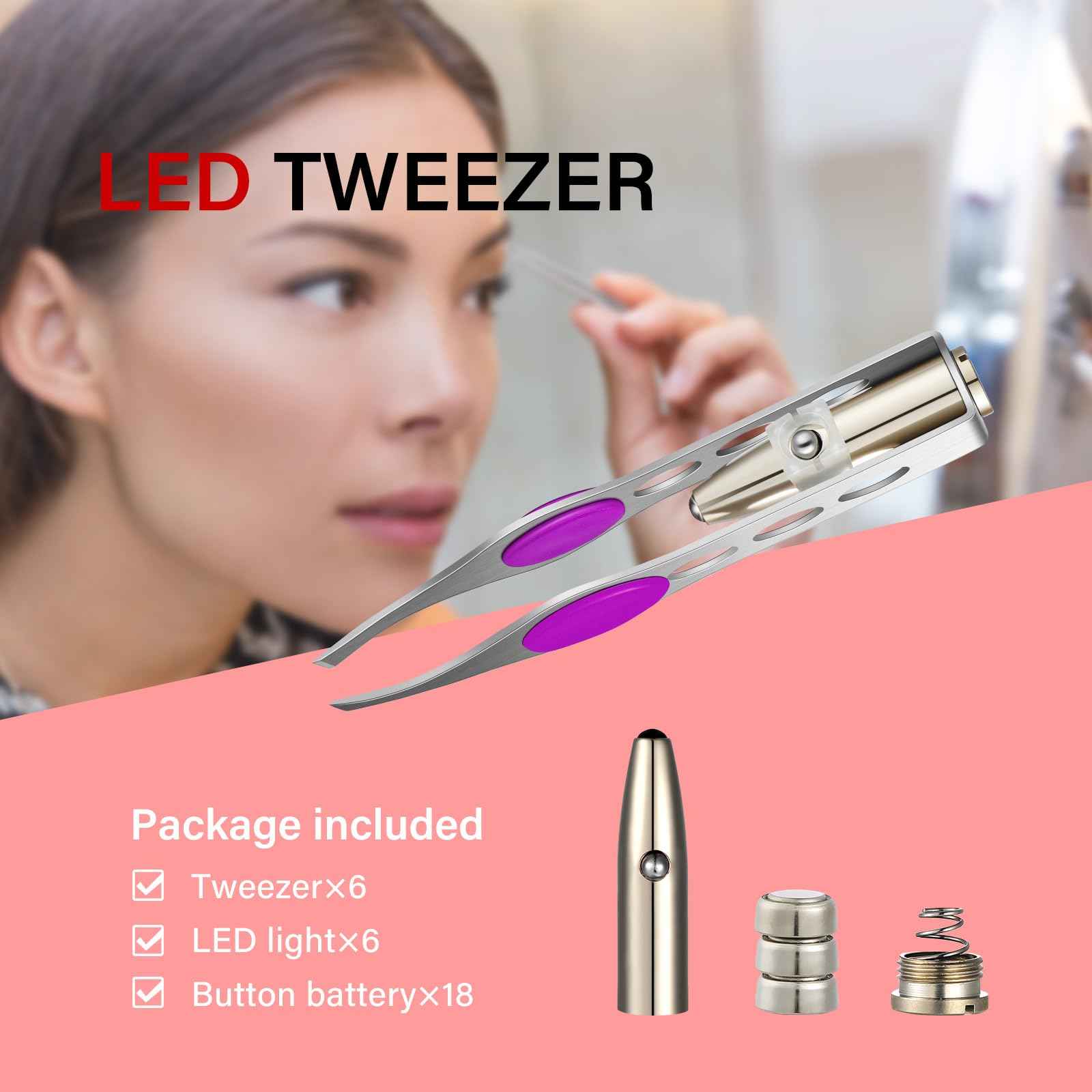 Tatuo 6 Pcs Light Stainless Steel Tweezers with LED, Makeup Eyelash Eyebrow Hair Removal Illuminating Lighted Tweezers for Precision Men Women(Red, Purple, Dark Blue)