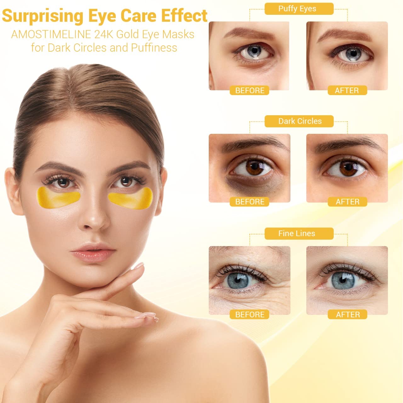 AMOSTIMELINE 24K Gold Eye Masks for Dark Circles and Puffiness (6 Pairs) with Collagen, Aloe Vera & Hyaluronic Acid-Anti-Aging Under Eye Patches for Dark Circles and Puffiness-Reduce Wrinkles