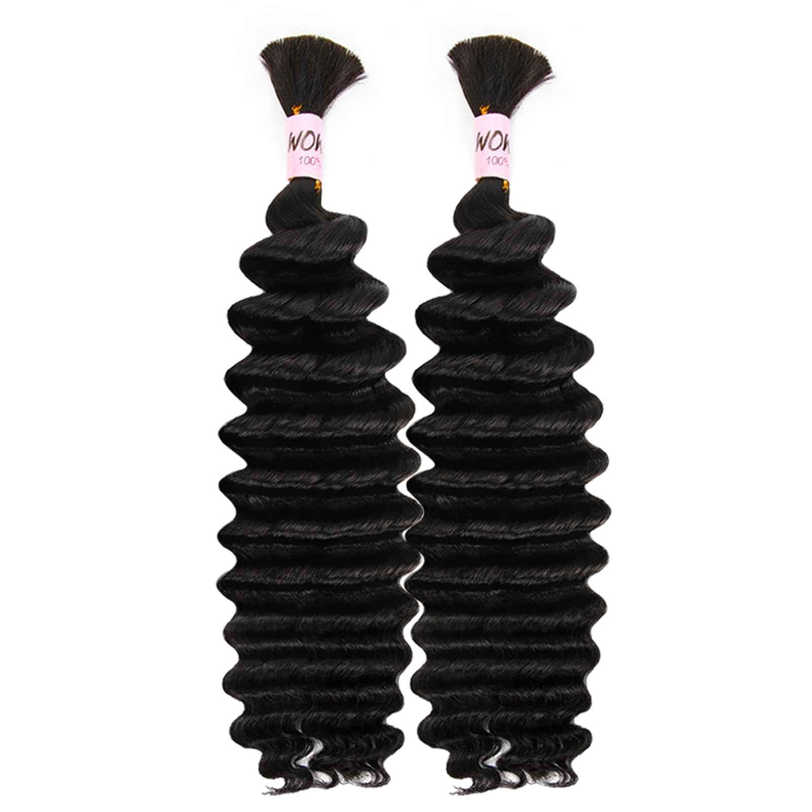 WOWANGEL Human Braiding Hair For Boho Braids 100g,100% Unprocessed Brazilian Virgin Hair, 12A Deep Wave Knotless Bohemian Bundles, Curly Hair Extensions,2 Bundles,Natural Black(1B),16 Inch