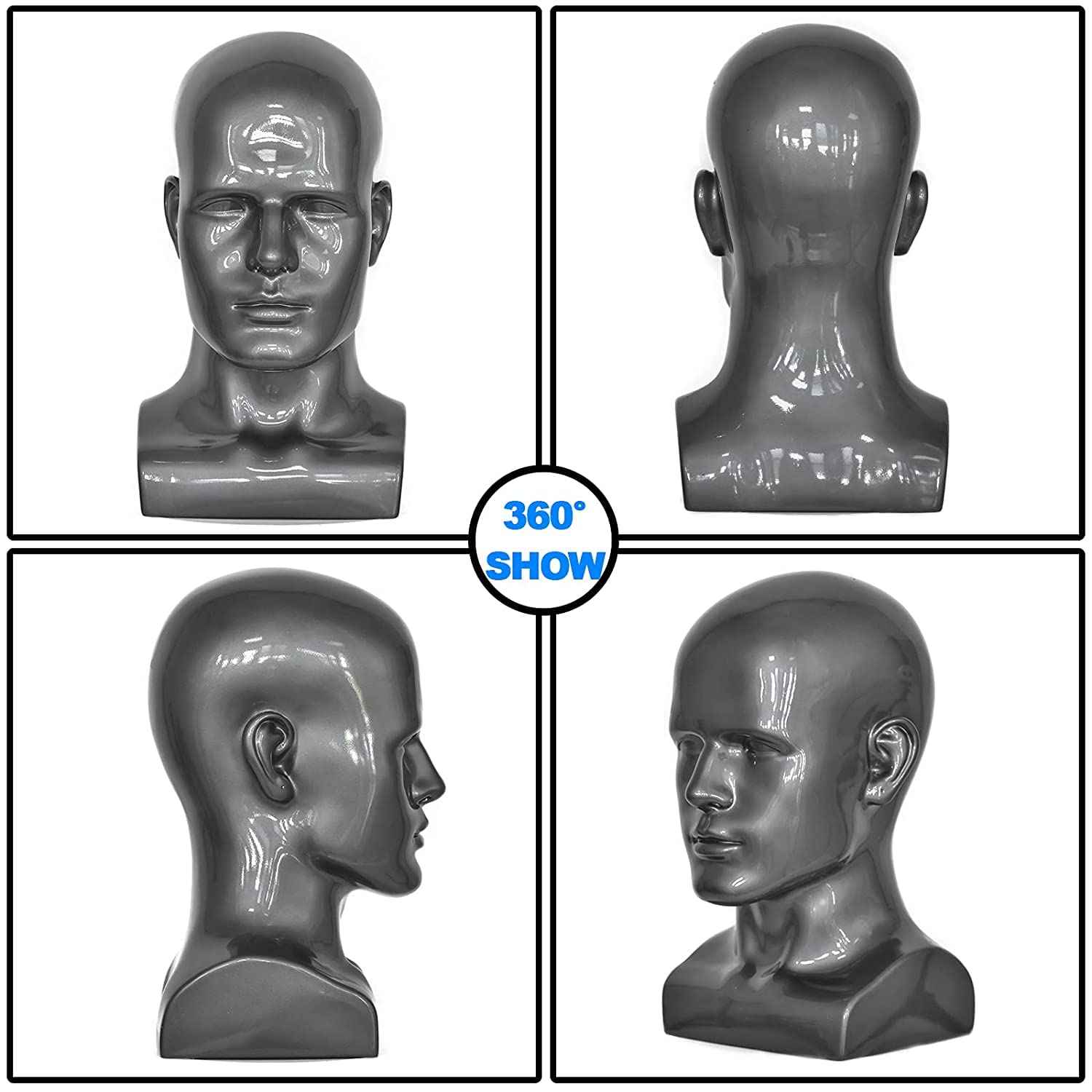 FLWAI PVC Silver Grey Male Mannequin Head Display Head Stand Wig Display Head Model Men Manikin Head Dolls for Display Headset, Headphone, Game Console, Hats, Wigs Jewellery (Silver Grey)