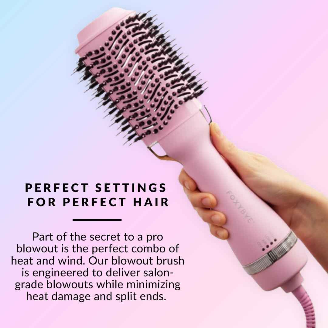 FoxyBae All-in-One Hair Styler - Ceramic Oval Barrel Blow Dryer Brush (75mm) for Drying, Curling, Volumizing & Straightening Hair [Party Pink]