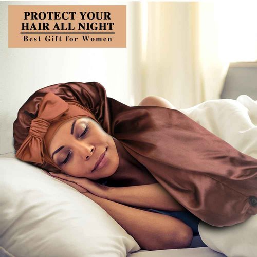 1+3 Long Satin Bonnets with Scrunchies for Women Sleeping, Double Layer Large Braid Bonnet with Tie Band, E