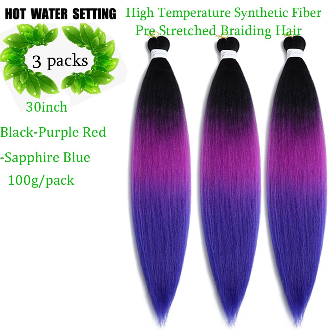 Pre Stretched Braiding Hair Long Braiding Hair Extensions 30 Inch 3 Packs High Temperature Synthetic Fiber Crochet Twist Braids Hot Water Setting(30inch,Black-Purple Red-Sapphire Blue)