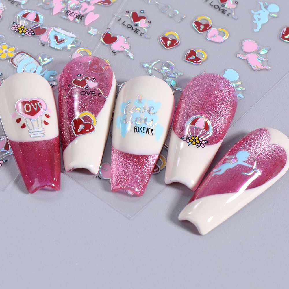 6 Sheets Valentine's Day Nail Art Sticker Decals Red Love Heart Lips Design Nail Decals 3D Self-Adhesive Rose Flower Nail Art Supplies Silvers Love Angel Nail Design Nail Decoration for Women Girls