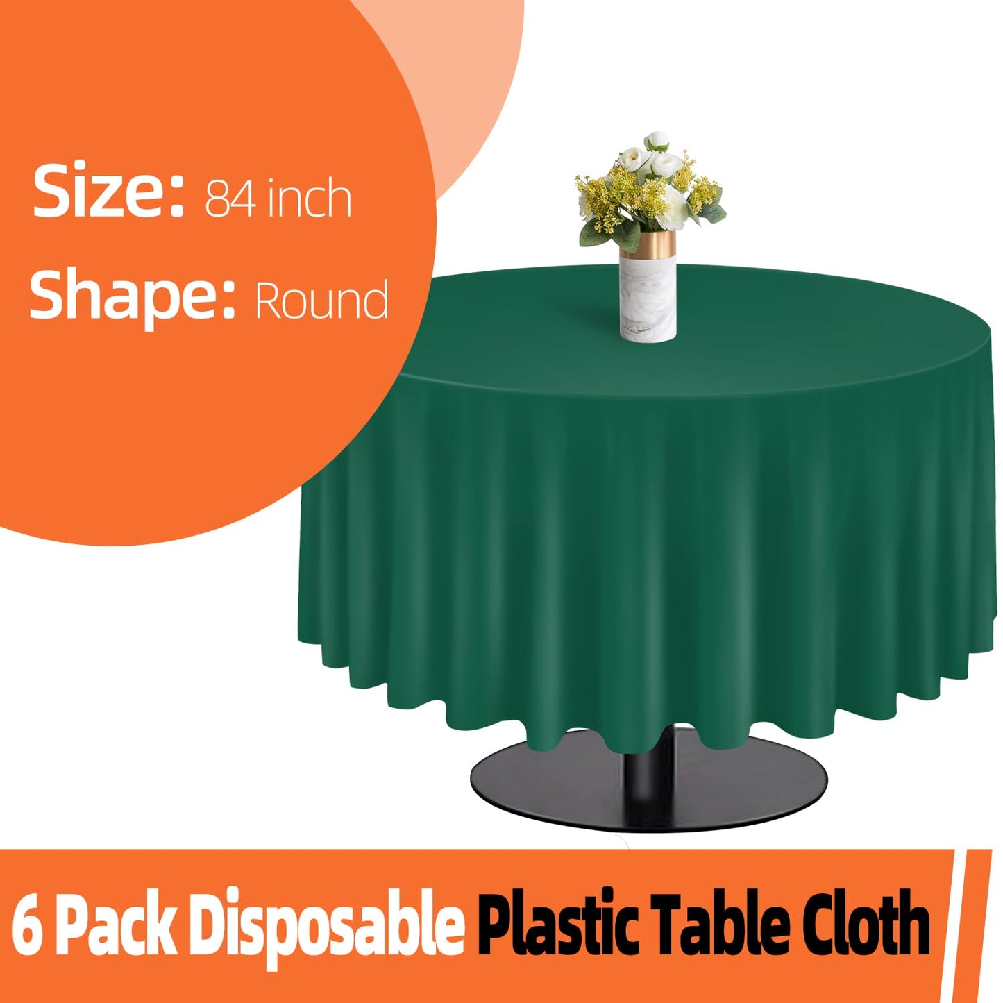 tujol Dark Green 6 Pack Plastic Table Cloth 84", Disposable Round Tablecloth Table Cover, Plastic Table Cloths for Parties