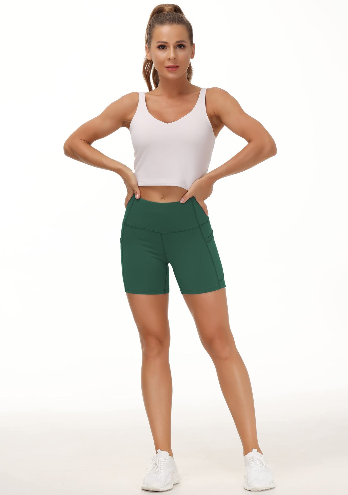 THE GYM PEOPLE High Waist Yoga Shorts for Women's Tummy Control Fitness Athletic Workout Running Shorts with Deep Pockets (Small, Dark Green)