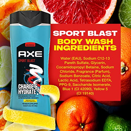 AXE Body Wash Charge and Hydrate Sports Blast Energizing Citrus Scent Men's Body Wash 100 percent Recycled Bottle 16 oz (Pack of 8)