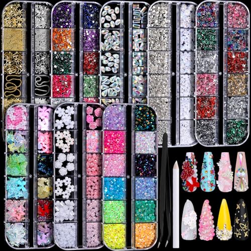 FANDAMEI Nail Charms Kit with Rhinestones & 3D Art Decorations for Nails