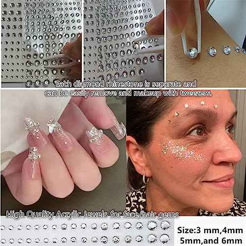 Go Ho 3 Sheets of Self Adhesive Face/Hair Gems Rhinestones,Eye Gems Diamonds Crystals Hair Jewels Stick on,Face Jewels for Singer Concerts,Festival Rave Accessories,White Rhinestone Stickers