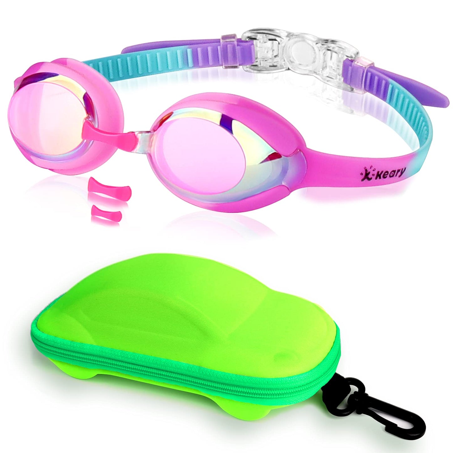 Keary Kids Swim Goggles Swimming Goggles for Toddler Children Girls Boys Youth, Anti-Fog Waterproof UV Protection Clear Vision Mirror Flat Lens Water Pool Goggles with 3 Nose Piece, Pink Kids Goggles