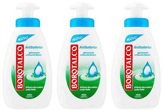 Borotalco: "Antibatterico" Sanitizing Liquid Soap - 8.45 Fluid Ounces (250ml) Bottle with Measuring Cap, pack of 3