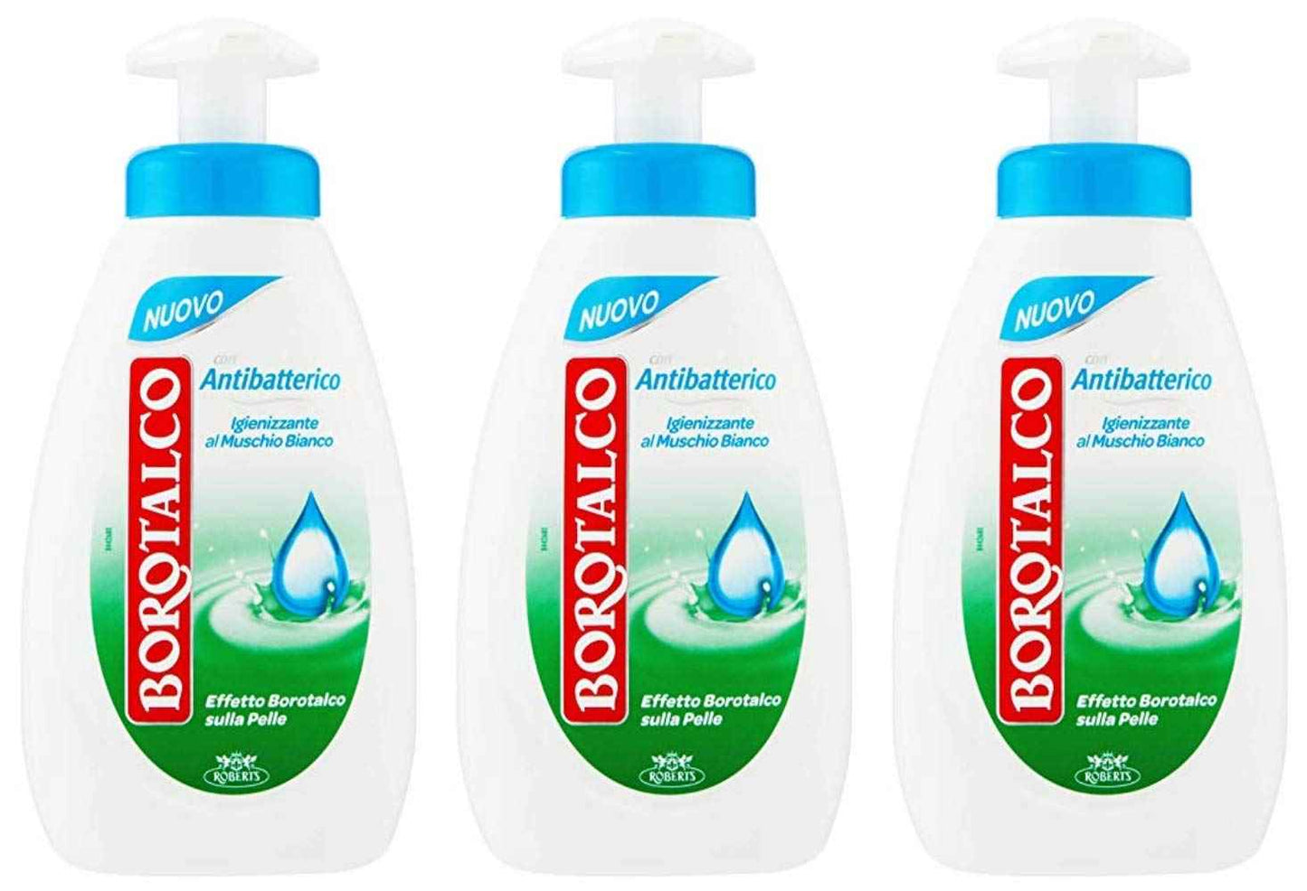 Borotalco: "Antibatterico" Sanitizing Liquid Soap - 8.45 Fluid Ounces (250ml) Bottle with Measuring Cap, pack of 3