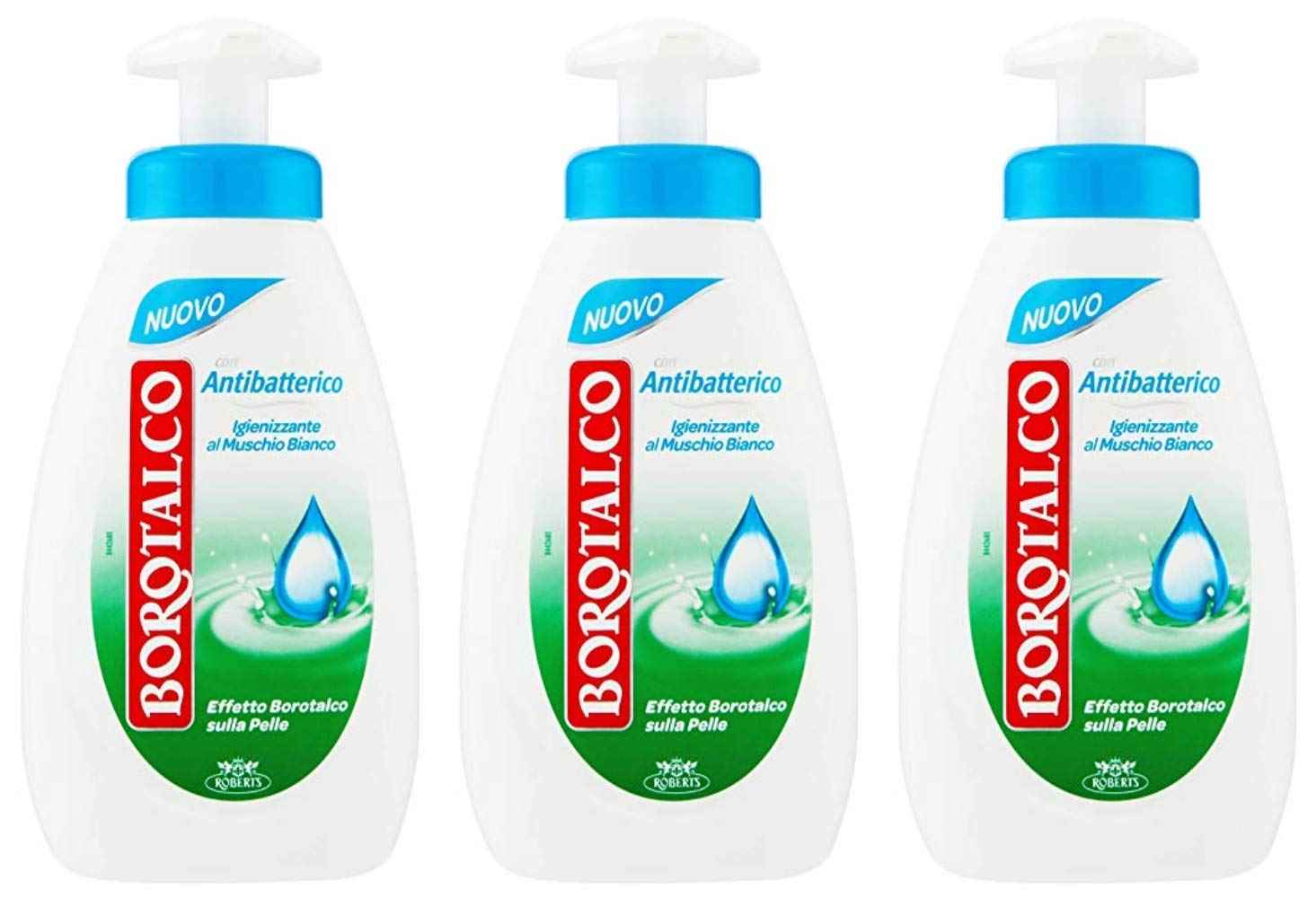 Borotalco: "Antibatterico" Sanitizing Liquid Soap - 8.45 Fluid Ounces (250ml) Bottle with Measuring Cap, pack of 3