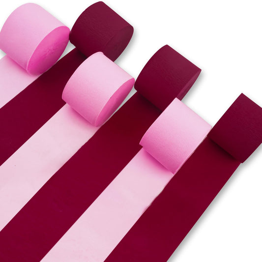 PartyWoo Crepe Paper Streamers 6 Rolls 492ft, Pack of Burgundy and Pink Crepe Paper Party Streamers, Crepe Paper for Birthday Decorations, Party Decorations, Wedding Decorations (1.8 in x 82 Ft/Roll)