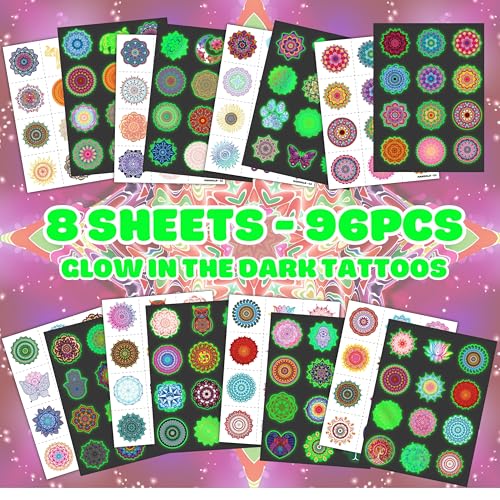 Glow in the Dark Mandala Temporary Tattoos, 96 Pcs