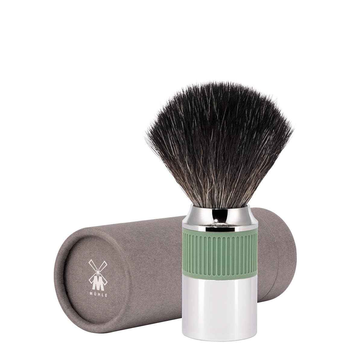 MÜHLE NEO shaving brush | Vegan Shave Brush for Shaving soaps and creams | sustainable eco-friendly and reusable | exfoliating shaving brush | chrome with sage green silicone grip handle