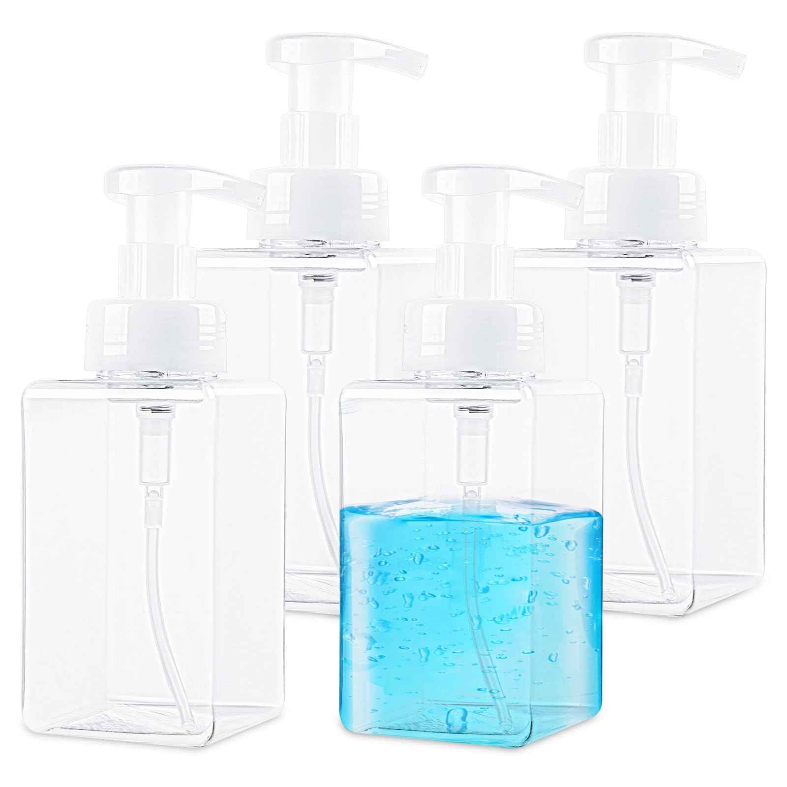 Foaming Soap Dispenser 15oz/450ml Clear Empty Foam Soap Dispensers, Square Refillable Plastic Foaming Hand Soap Dispenser Soap Pump for Liquid Soap, Shampoo, Body Wash(4 Pack)