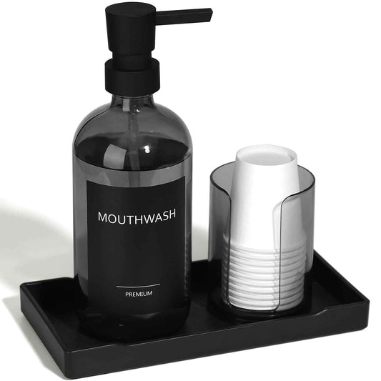 TOLDATLI Mouthwash Dispenser for Bathroom, Glass Mouth Wash Pump Dispenser with Cup Holder, 17 Fl Oz Mouthwash Bottle Decanter with Tray, Refillable Mouthwash Dispenser Container (Clear Black)