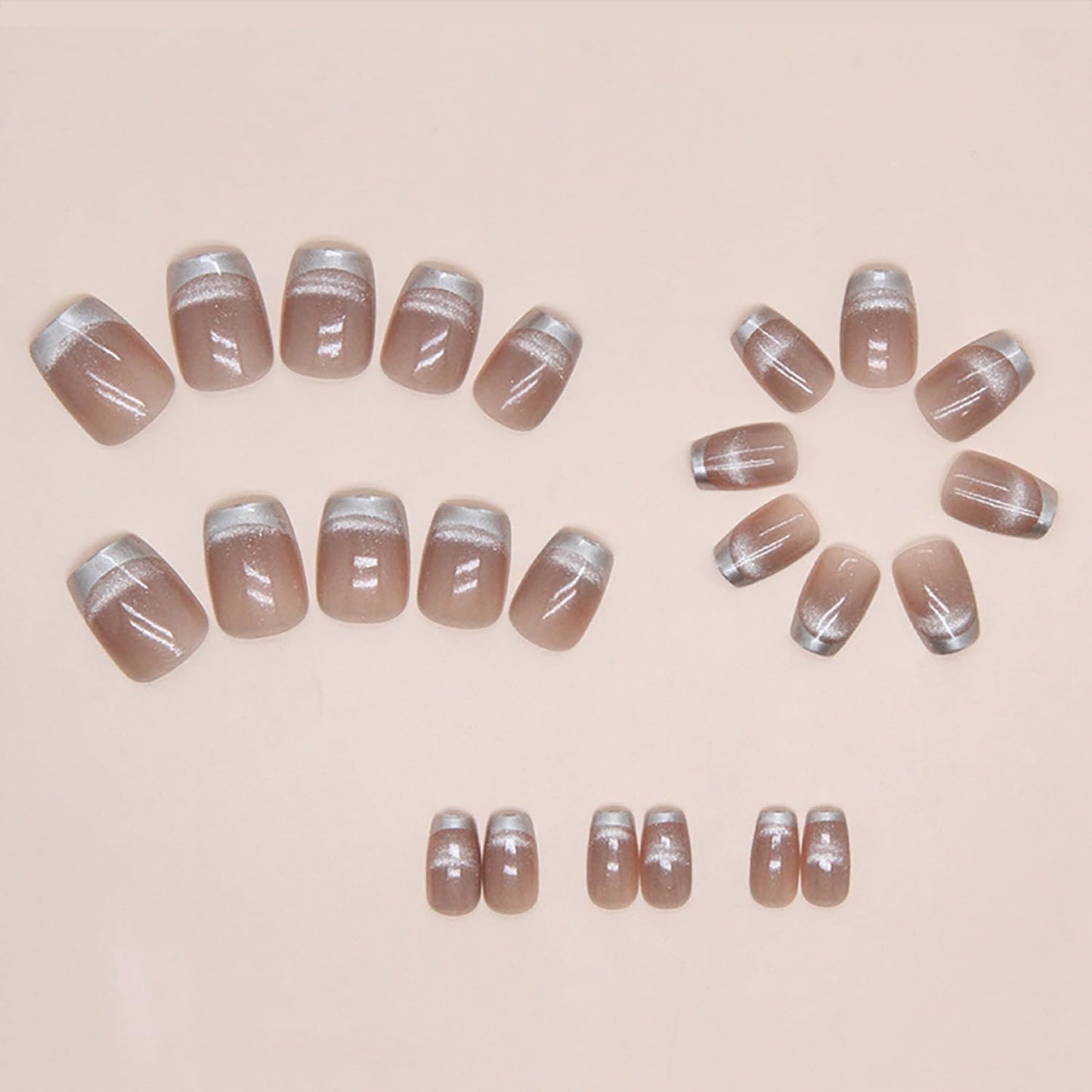 Cat Eye Press on Nails Short Square Artificial Acrylic Nails Nude Pink French False Nails Silver Nail Tip Design Cat Eye Fake Nails Full Cover Glossy Reusable Coffin Nails Glue on Nails for Women