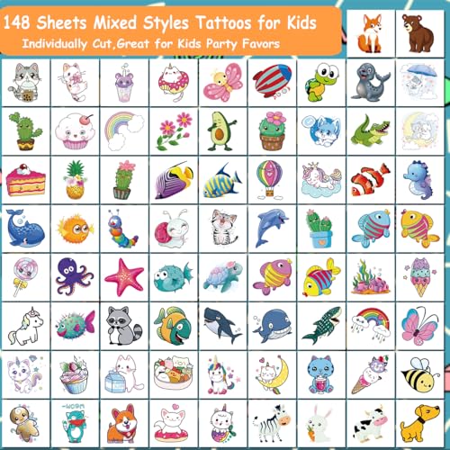 148 Temporary Tattoos for Kids - Mixed Styles Sheet Set