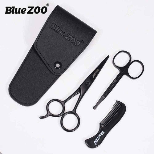 BlueZOO Beard Mustache Scissors and Comb Kit with PU Storage Bag, Rounded Safety Nose Hair Scissor for Men and Women Care Grooming, Ear Trimming Tool, Shears for Personal Grooming, Cutting & Styling