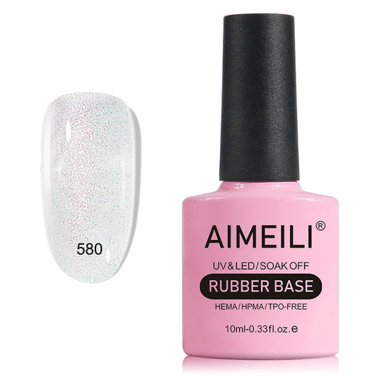 AIMEILI Rubber Base Gel For Nails, Soak Off U V LED Hema Free Clear Sheer Gel Nail Polish, 4 in 1 Nail Strengthen/Enhance/Base Coat/Color Gel Polish - (580) 10ml