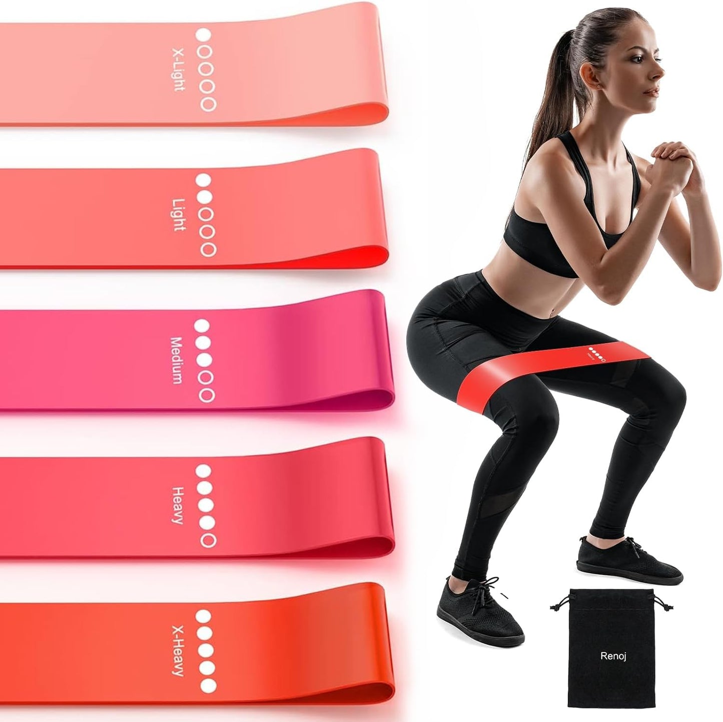 Renoj Resistance Bands, Exercise Workout Bands for Women and Men, 5 Set of Stretch Bands for Booty Legs (Pinks)