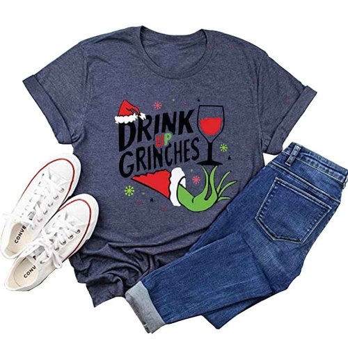 Christmas Tshirt Women Xmas Party Tee Tops Funny Cute Graphic Holiday Shirt Casual Letter Print Shirt Tees (Blue, S)