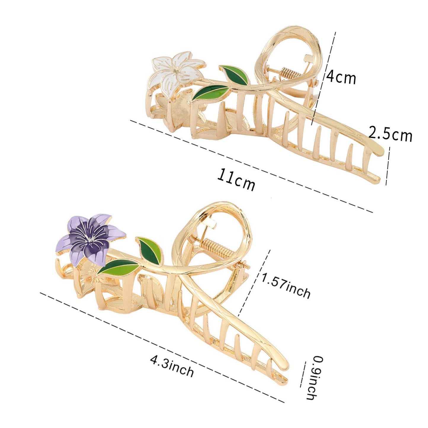 Claw Clips for Women: Large French Flower Hair Accessories - 2Pcs Metal Gold Floral Banana Clips for Thick Hair, Summer Hair Decorations in White & Purple